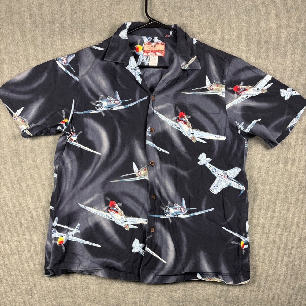 RJC Hawaiian Shirt Airplane Print Button Down Size L Black Made in USA